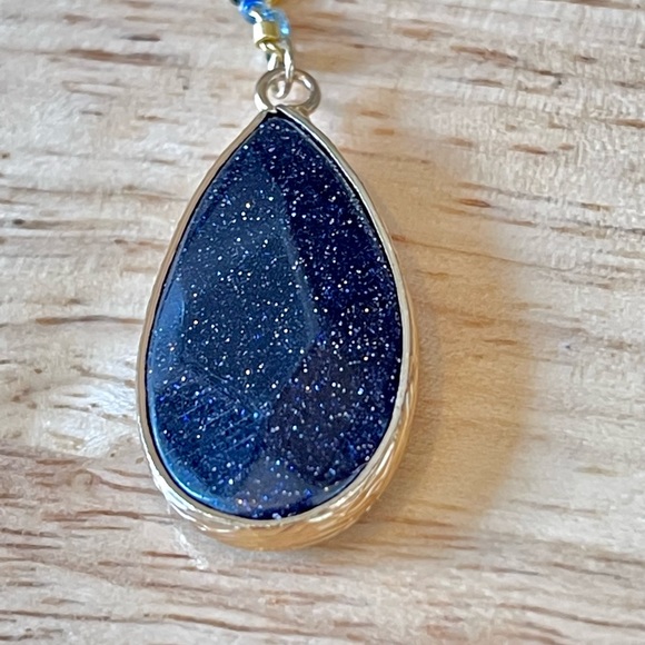 Blue Teardrop Stone Necklace with Gold Beaded Chain - Picture 2 of 4